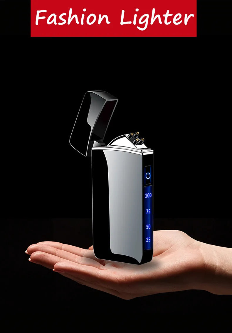 Touch Sensing Metal Electric Outdoor Windproof Lighter Dual Arc Flameless Plasma USB Rechargeable Lighters Digital Power Display