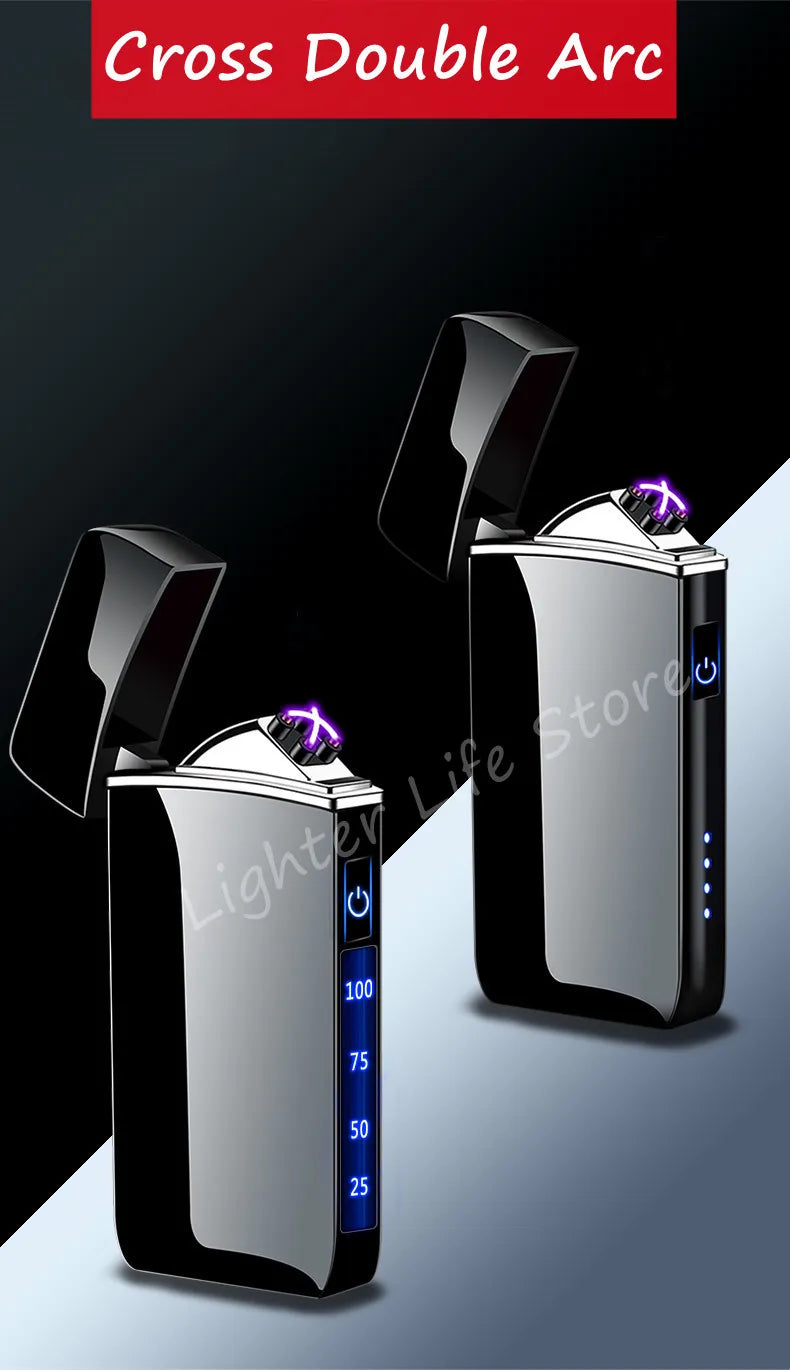 Touch Sensing Metal Electric Outdoor Windproof Lighter Dual Arc Flameless Plasma USB Rechargeable Lighters Digital Power Display