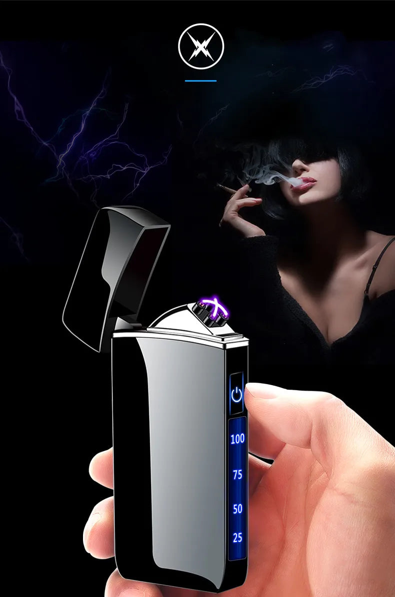 Touch Sensing Metal Electric Outdoor Windproof Lighter Dual Arc Flameless Plasma USB Rechargeable Lighters Digital Power Display