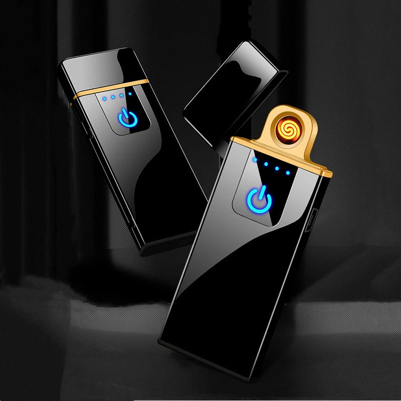 Touch Sensing Metal Electric Outdoor Windproof Lighter Dual Arc Flameless Plasma USB Rechargeable Lighters Digital Power Display