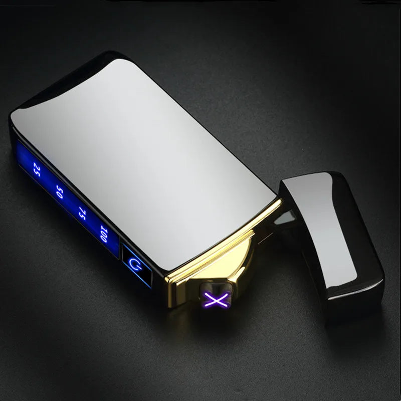 Touch Sensing Metal Electric Outdoor Windproof Lighter Dual Arc Flameless Plasma USB Rechargeable Lighters Digital Power Display