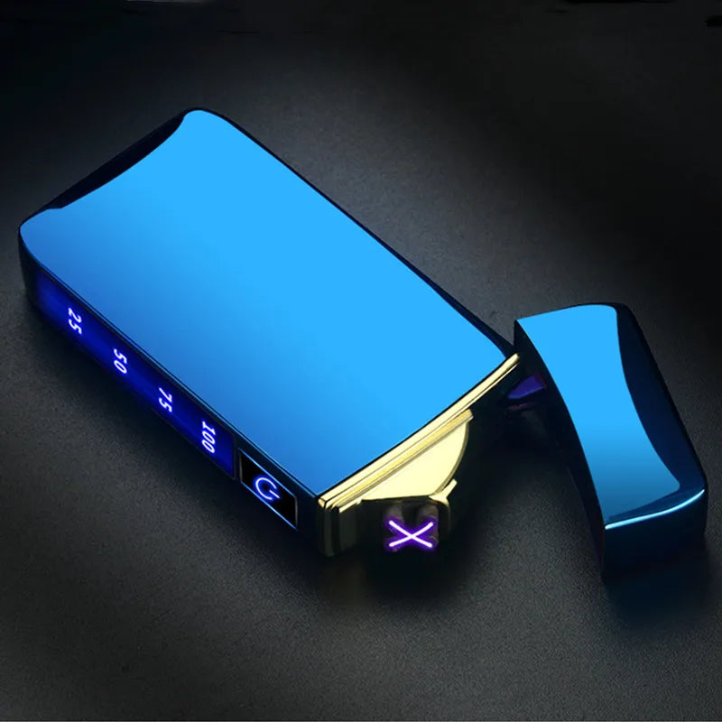 Touch Sensing Metal Electric Outdoor Windproof Lighter Dual Arc Flameless Plasma USB Rechargeable Lighters Digital Power Display