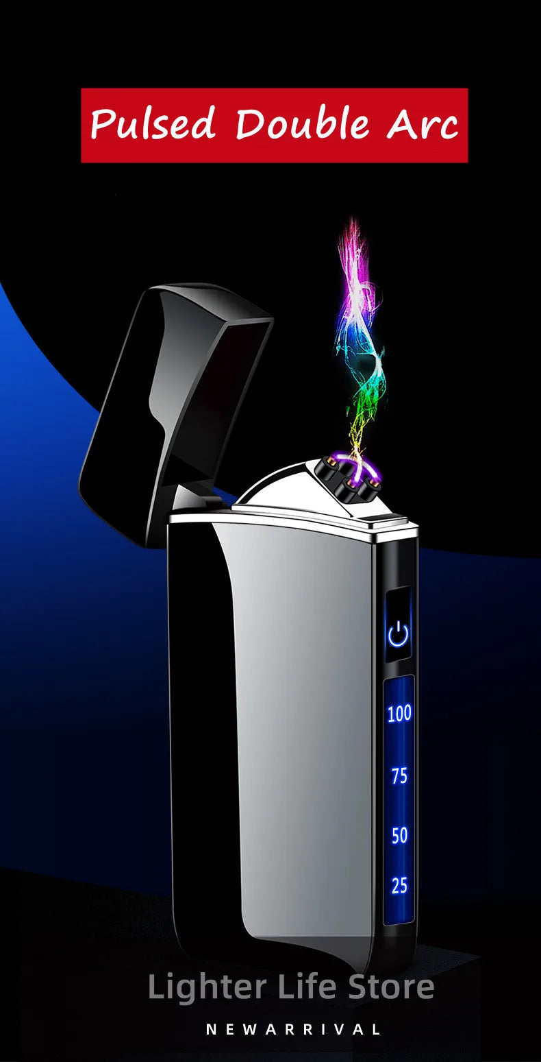 Touch Sensing Metal Electric Outdoor Windproof Lighter Dual Arc Flameless Plasma USB Rechargeable Lighters Digital Power Display