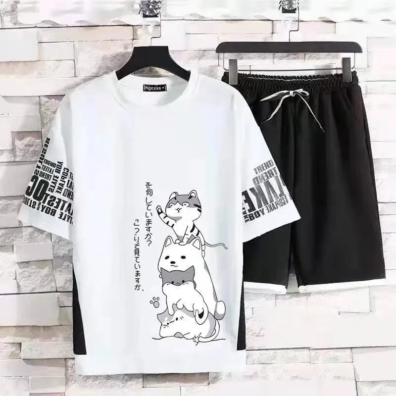 Japan Fashion Men's Sets Cartoon Short Sleeve T Shirt+Shorts 2 Piece Sets Casual Summer Men Clothing Streetwear Tracksuit Men