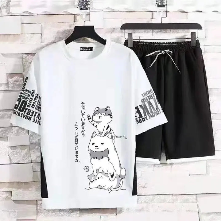 Japan Fashion Men's Sets Cartoon Short Sleeve T Shirt+Shorts