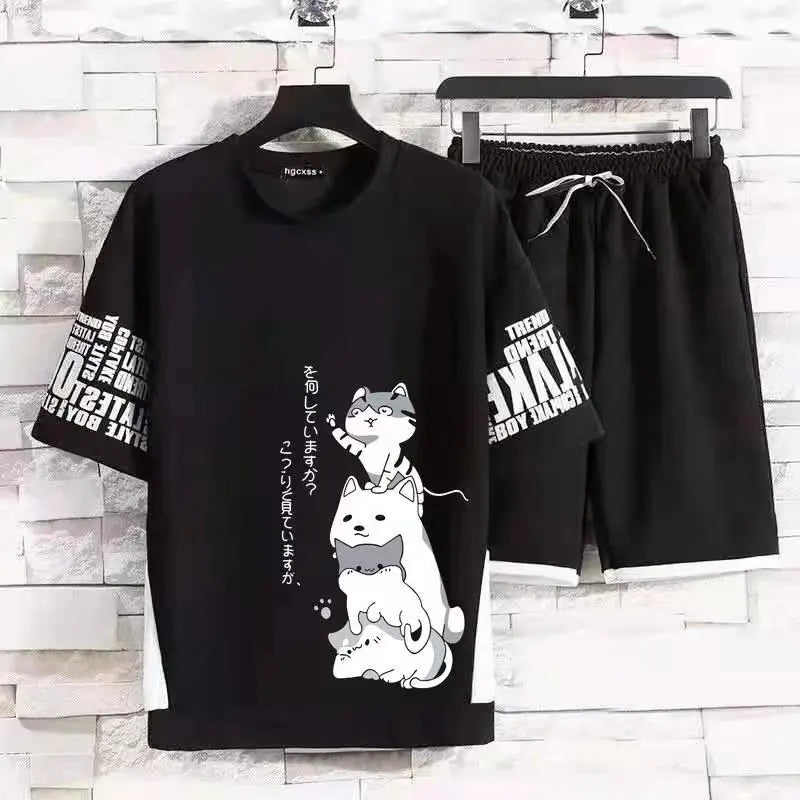 Japan Fashion Men's Sets Cartoon Short Sleeve T Shirt+Shorts 2 Piece Sets Casual Summer Men Clothing Streetwear Tracksuit Men