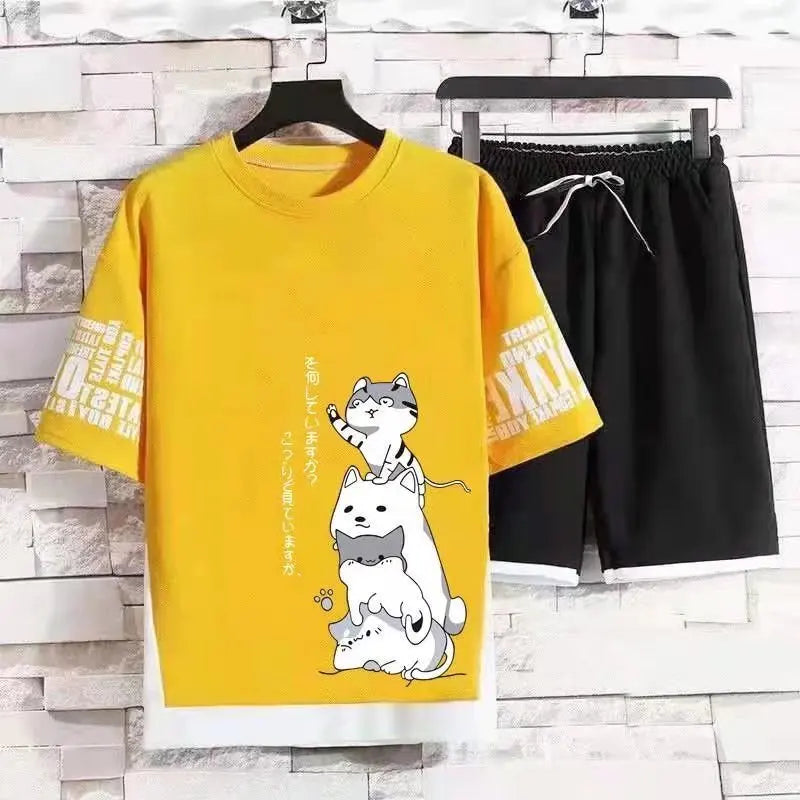 Japan Fashion Men's Sets Cartoon Short Sleeve T Shirt+Shorts 2 Piece Sets Casual Summer Men Clothing Streetwear Tracksuit Men