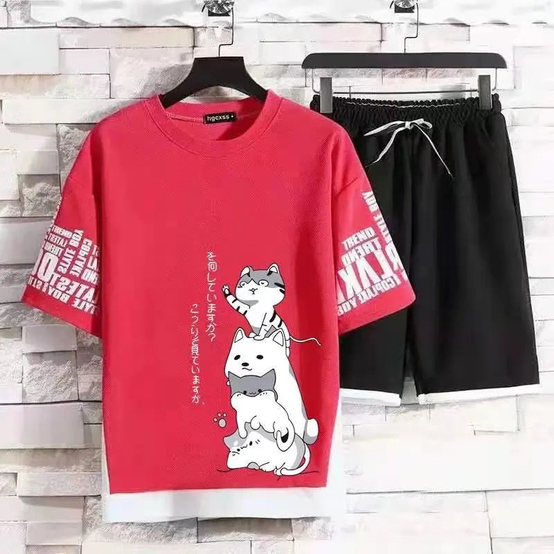 Japan Fashion Men's Sets Cartoon Short Sleeve T Shirt+Shorts