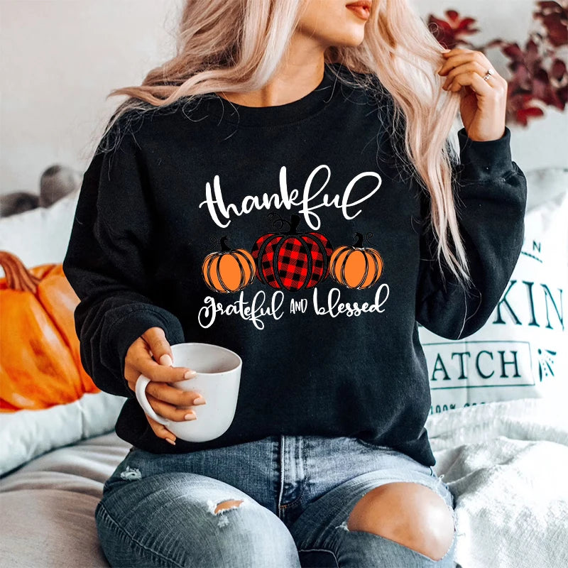 Fashion Crewneck Pullover Halloween Classical Festival Top New Fall Sweatshirt Thanksful Greatul and Blessed  Women