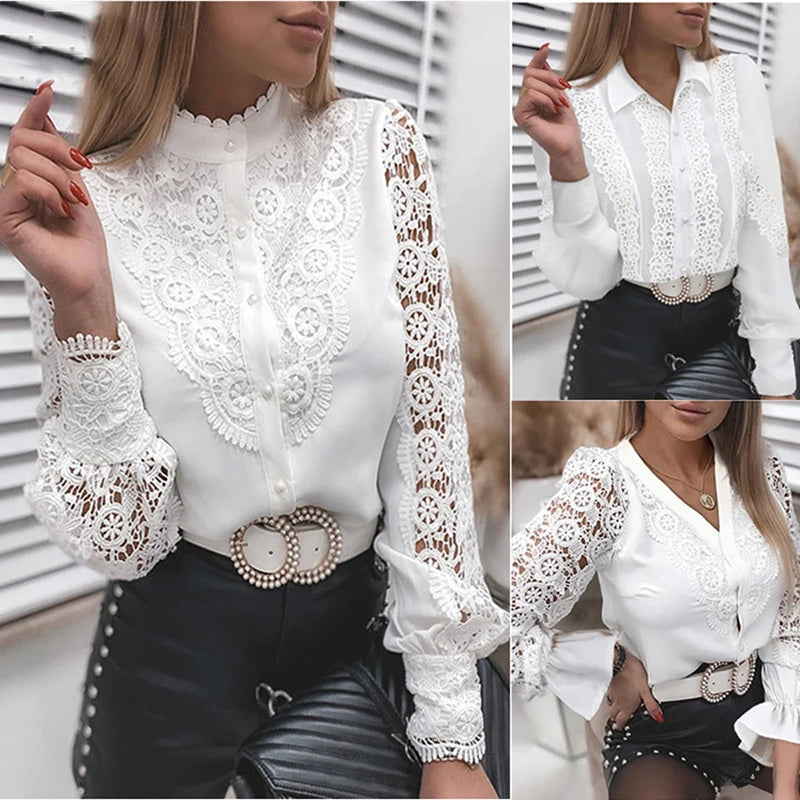 Shirts Elegant Office Ladies White Collared Lace Patchwork Hollow Out Button Up Womens Tops And Blouses 2024 Fashion New Blouse