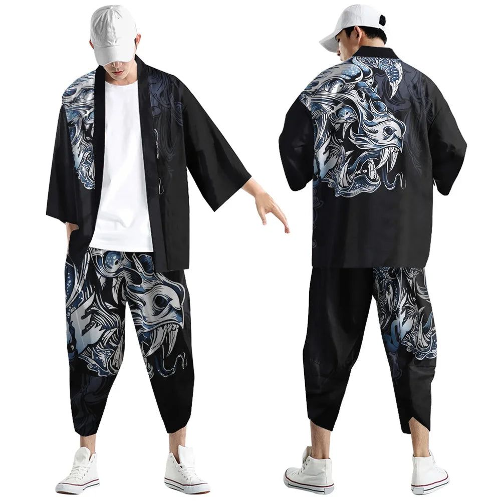 Harajuku Tops Robe Fashion Asian Clothes Anime Demon Print Kimono + Pants Japanese Streetwear Men Women Cardigan Cosplay Haori