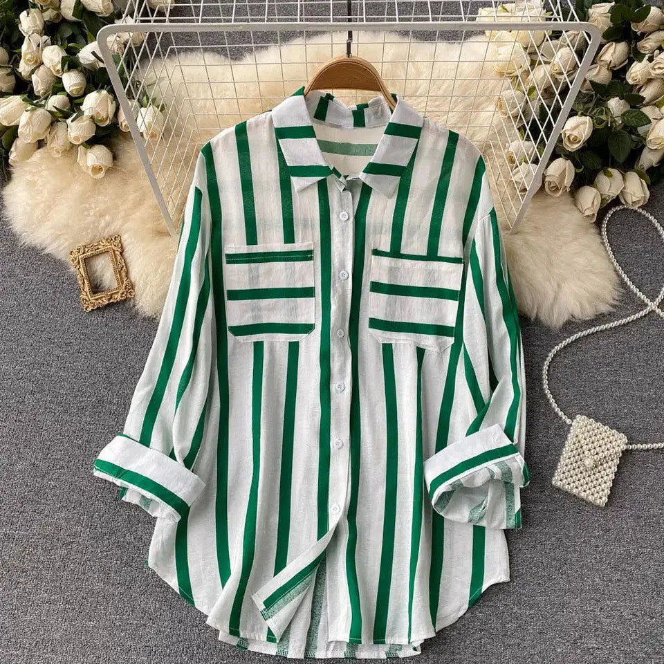 Spring Summer Striped Blouse Fashion Turn-down Collar Long Sleeve Button Top Casual Shirt Female Holiday Loose Tops Shirts New