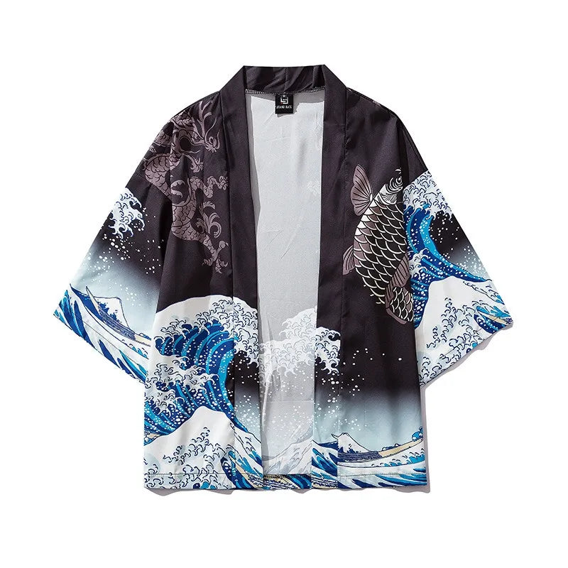 Harajuku Tops Robe Fashion Asian Clothes Anime Demon Print Kimono + Pants Japanese Streetwear Men Women Cardigan Cosplay Haori