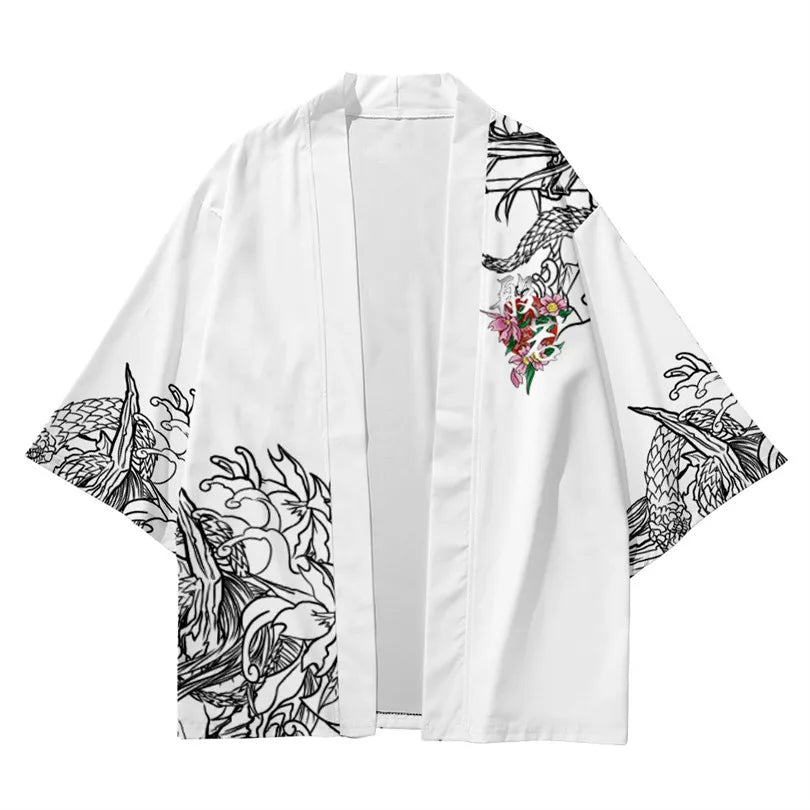 Harajuku Tops Robe Fashion Asian Clothes Anime Demon Print Kimono + Pants Japanese Streetwear Men Women Cardigan Cosplay Haori