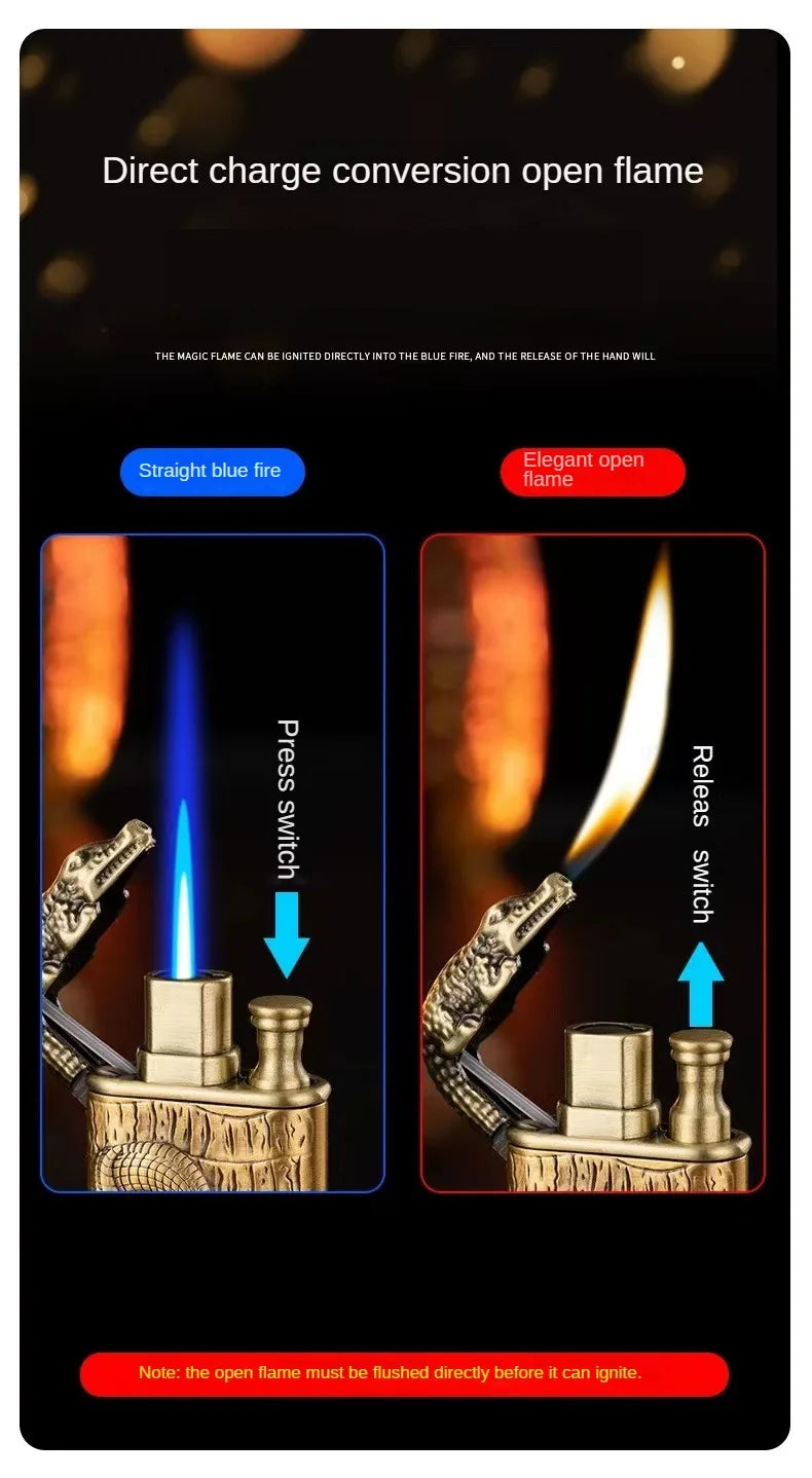 3D Embossed Dragon Crocodile Dual Fire Lighter Metal Windproof Jet Fire Open Flame Convertible Gas Lighter Smoking Men Gift