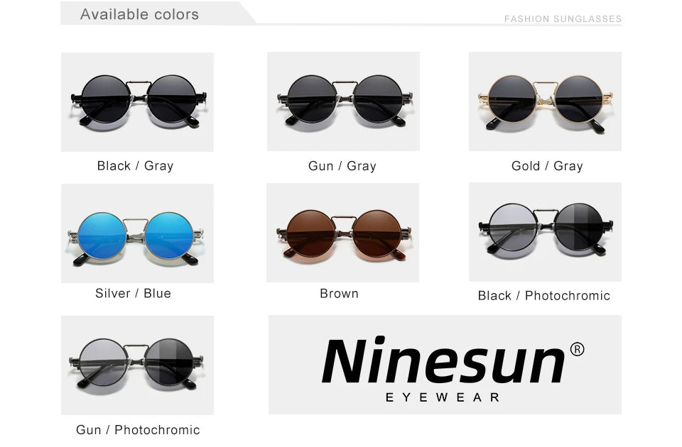 Ninesun Photochromic Gothic Steampunk Sunglasses Polarized Vintage Round Men Women Brand Designer  Metal Frame SunGlasses