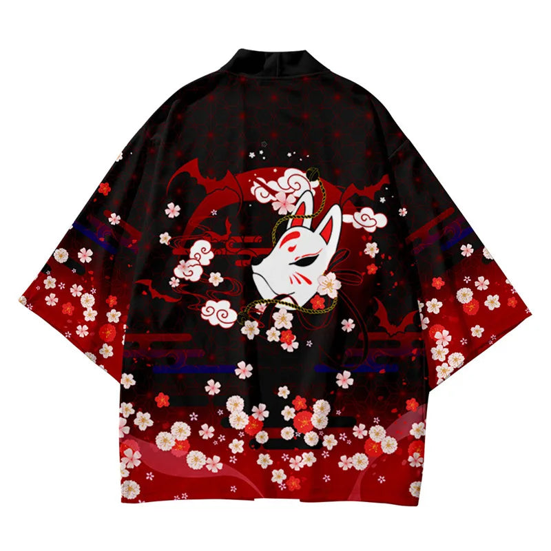 Harajuku Tops Robe Fashion Asian Clothes Anime Demon Print Kimono + Pants Japanese Streetwear Men Women Cardigan Cosplay Haori