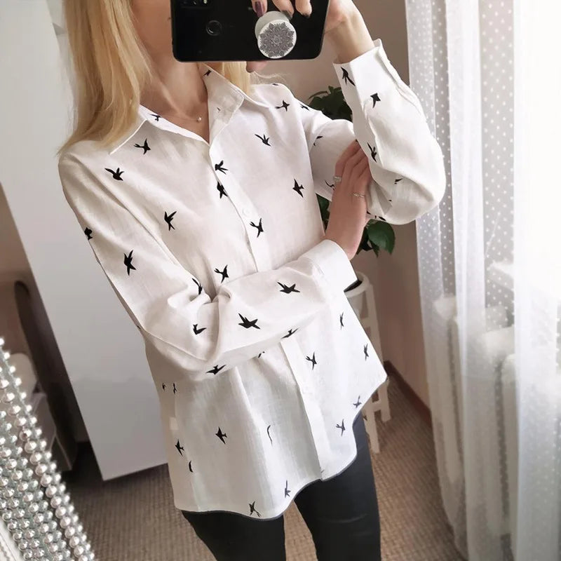 Fashion Women's Print Shirt Women's Long Sleeve Top Cotton Office 2024 Spring Summer Casual Loose Top Large 5XL