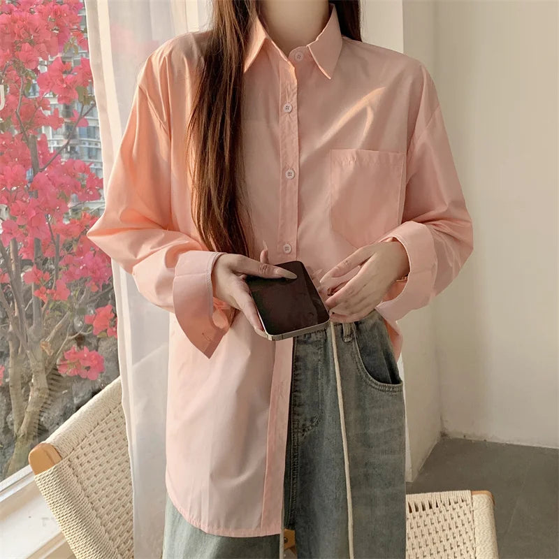 Beiyingni 2024 Spring Autumn Women Shirts White Plain Loose Oversized Blouses Female Tops Loose BF Korean Style Blusas Pockets