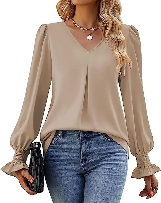 Women's New Solid Color Chiffon Shirt V-neck Pullover Flared Long Sleeved Top Shirt Office Lady Elegant Khaki Loose Blouses