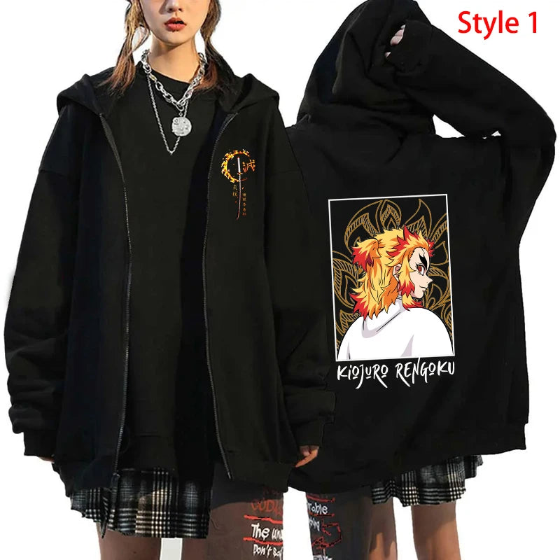 Hot Anime Rengoku Kyoujurou Printing Zipper Coat Clothes Fashion Y2k Loose Hoodie Men Women Sweatshirt Zipper Streetwear Hoodies