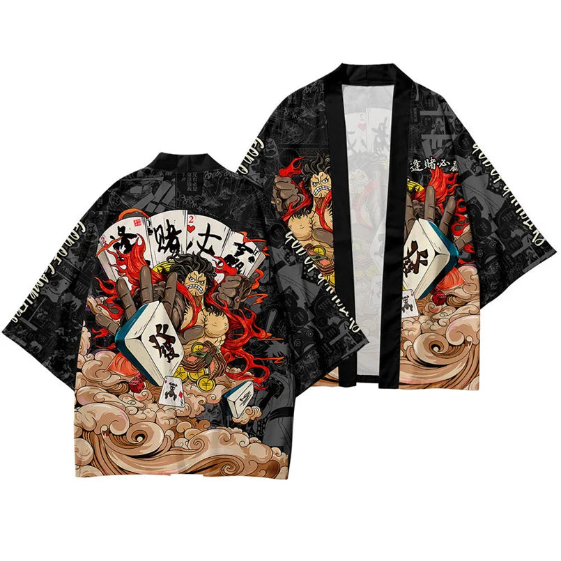 Harajuku Tops Robe Fashion Asian Clothes Anime Demon Print Kimono + Pants Japanese Streetwear Men Women Cardigan Cosplay Haori