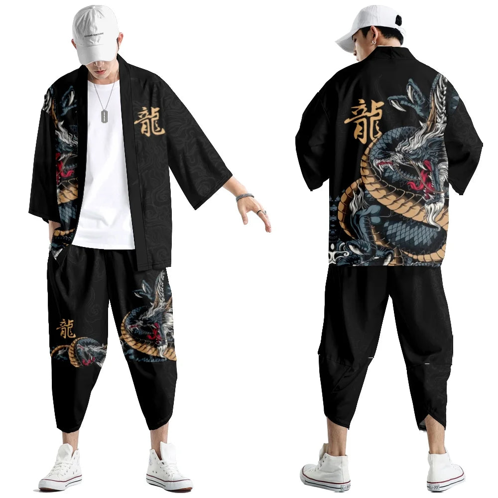 Harajuku Tops Robe Fashion Asian Clothes Anime Demon Print Kimono + Pants Japanese Streetwear Men Women Cardigan Cosplay Haori