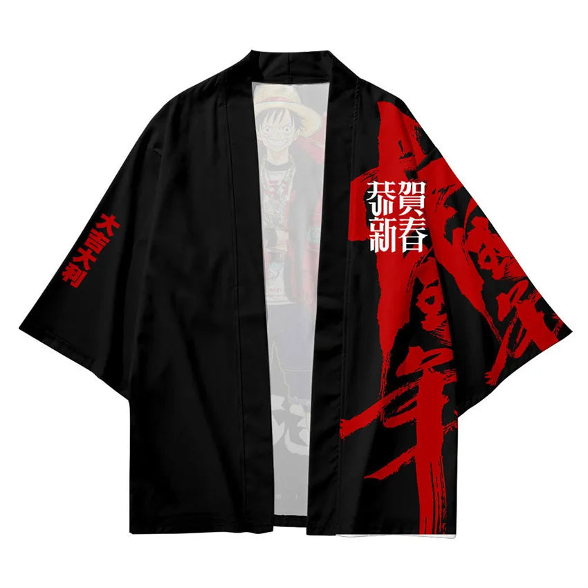 Harajuku Tops Robe Fashion Asian Clothes Anime Demon Print Kimono + Pants Japanese Streetwear Men Women Cardigan Cosplay Haori