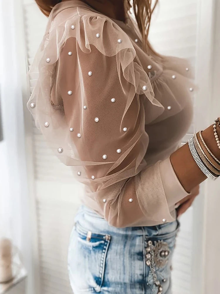 Beaded Sheer Mesh Ruffled Top