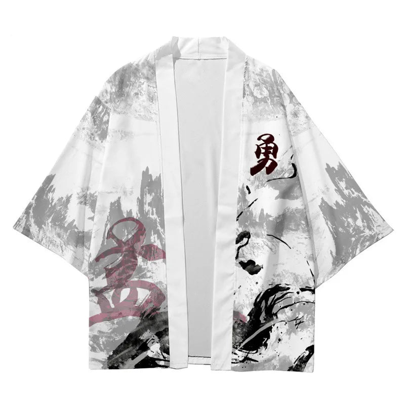 Harajuku Tops Robe Fashion Asian Clothes Anime Demon Print Kimono + Pants Japanese Streetwear Men Women Cardigan Cosplay Haori