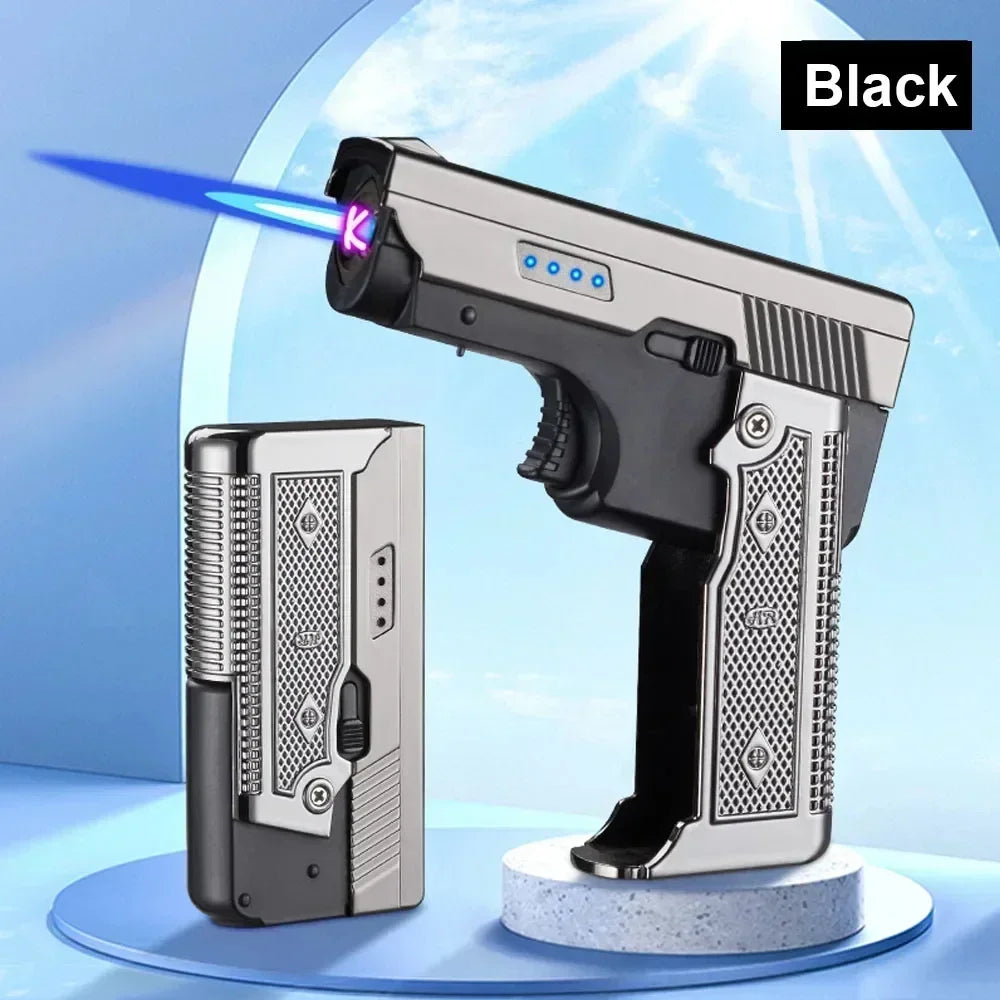 New Gas Electric Dual Flame Lighter Foldable Pistol Shaped Butane USB Lighter Cool Smoking Cigar Tool Birthday Gift