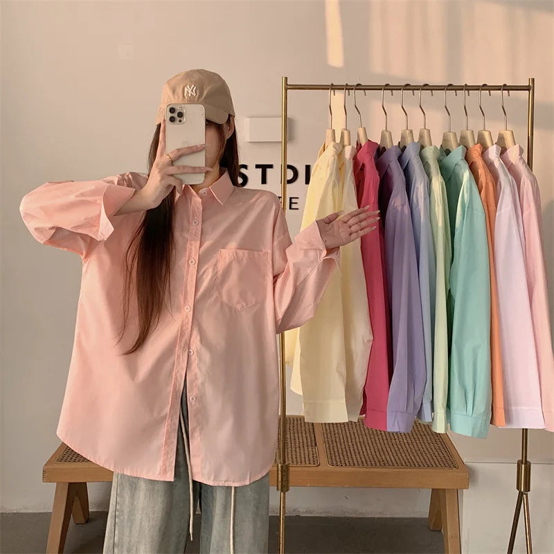 Beiyingni 2024 Spring Autumn Women Shirts White Plain Loose Oversized Blouses Female Tops Loose BF Korean Style Blusas Pockets