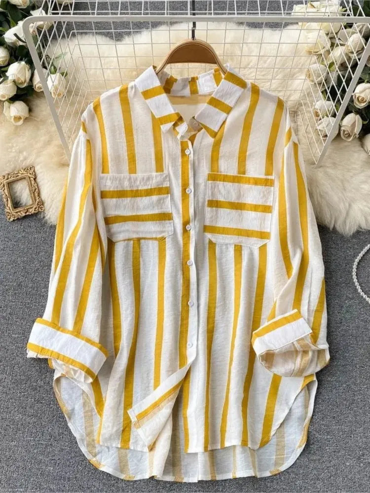 Spring Summer Striped Blouse Fashion Turn-down Collar Long Sleeve Button Top Casual Shirt Female Holiday Loose Tops Shirts New