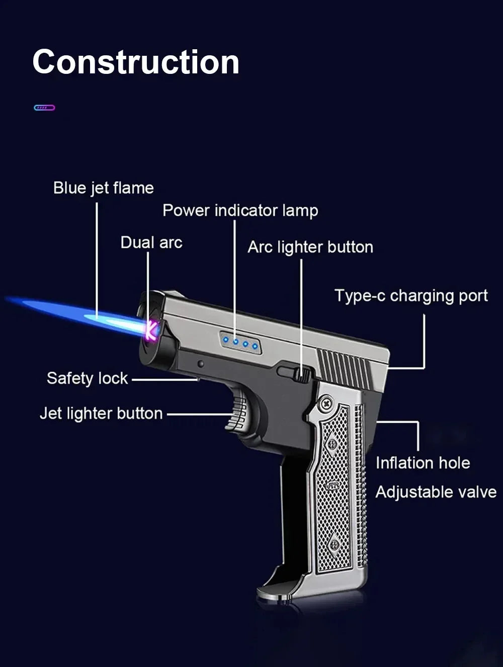 New Gas Electric Dual Flame Lighter Foldable Pistol Shaped Butane USB Lighter Cool Smoking Cigar Tool Birthday Gift