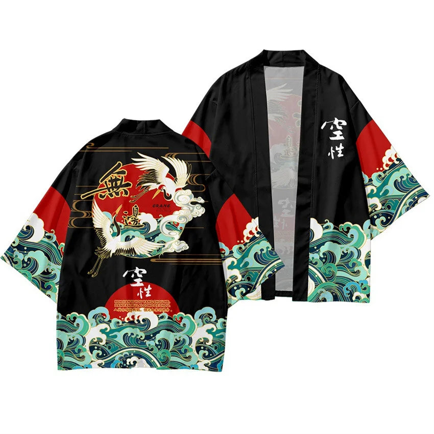 Harajuku Tops Robe Fashion Asian Clothes Anime Demon Print Kimono + Pants Japanese Streetwear Men Women Cardigan Cosplay Haori