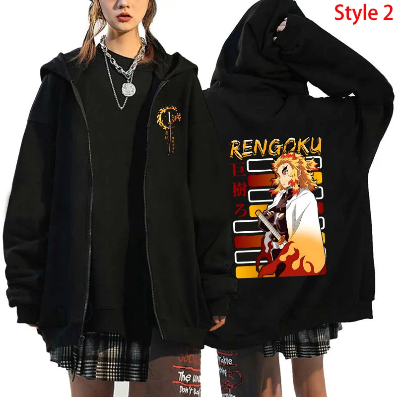 Hot Anime Rengoku Kyoujurou Printing Zipper Coat Clothes Fashion Y2k Loose Hoodie Men Women Sweatshirt Zipper Streetwear Hoodies