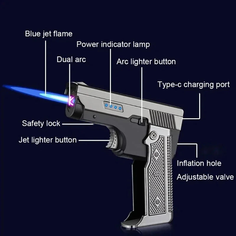 New Gas Electric Dual Flame Lighter Foldable Pistol Shaped Butane USB Lighter Cool Smoking Cigar Tool Birthday Gift