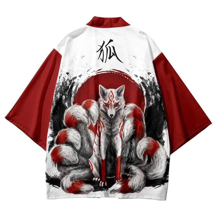 Harajuku Tops Robe Fashion Asian Clothes Anime Demon Print Kimono + Pants Japanese Streetwear Men Women Cardigan Cosplay Haori