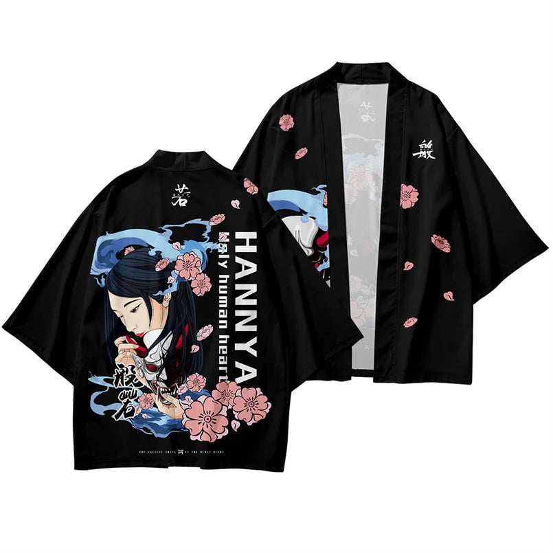 Harajuku Tops Robe Fashion Asian Clothes Anime Demon Print Kimono + Pants Japanese Streetwear Men Women Cardigan Cosplay Haori