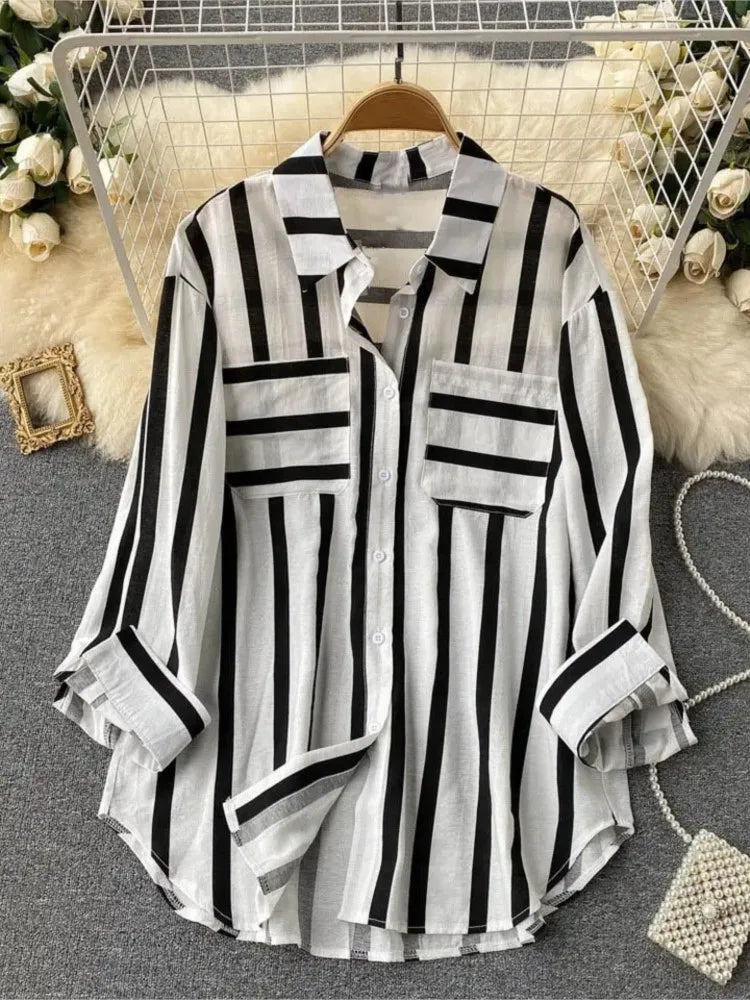 Spring Summer Striped Blouse Fashion Turn-down Collar Long Sleeve Button Top Casual Shirt Female Holiday Loose Tops Shirts New