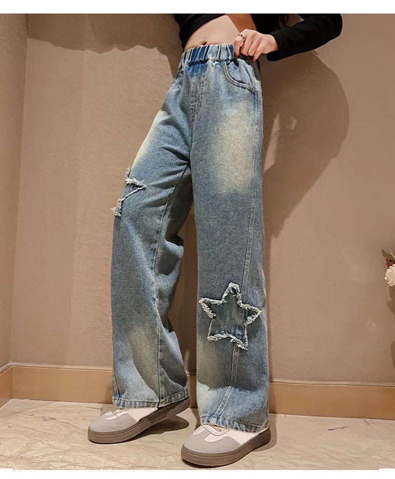 IENENS High Waist Jeans Girl Straight Loose Wide-leg Pants Spring and Autumn Korean Baggy Jeans Fashion Kids Denim Trousers