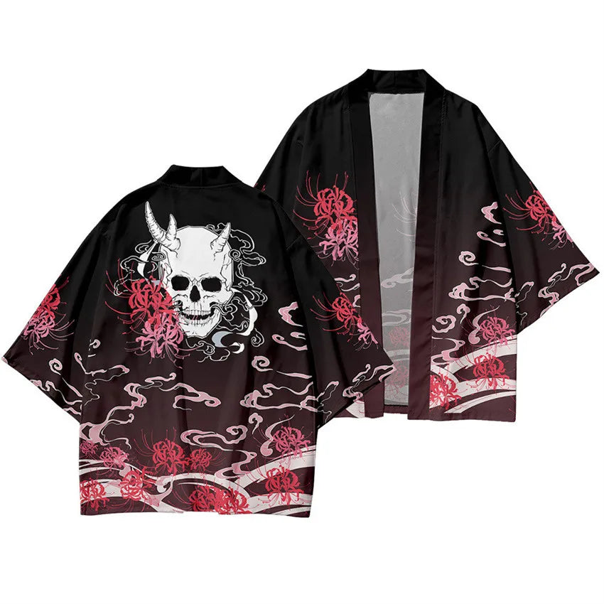 Harajuku Tops Robe Fashion Asian Clothes Anime Demon Print Kimono + Pants Japanese Streetwear Men Women Cardigan Cosplay Haori