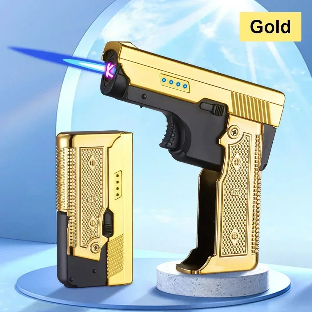 New Gas Electric Dual Flame Lighter Foldable Pistol Shaped Butane USB Lighter Cool Smoking Cigar Tool Birthday Gift