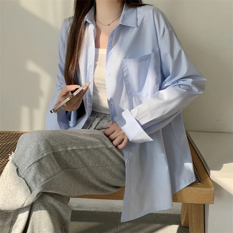 Beiyingni 2024 Spring Autumn Women Shirts White Plain Loose Oversized Blouses Female Tops Loose BF Korean Style Blusas Pockets