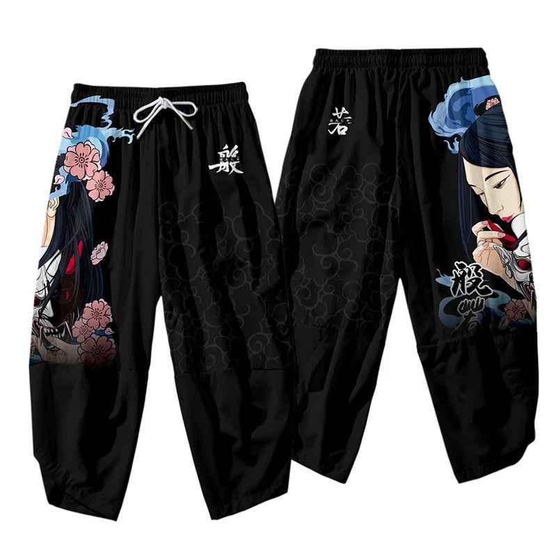 Harajuku Tops Robe Fashion Asian Clothes Anime Demon Print Kimono + Pants Japanese Streetwear Men Women Cardigan Cosplay Haori