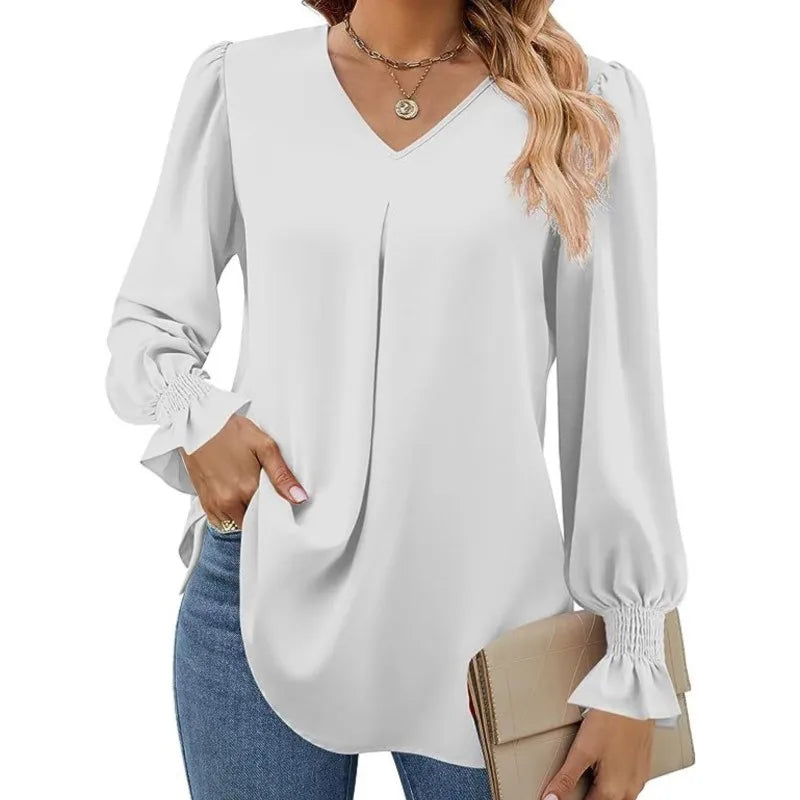 Women's New Solid Color Chiffon Shirt V-neck Pullover Flared Long Sleeved Top Shirt Office Lady Elegant Khaki Loose Blouses