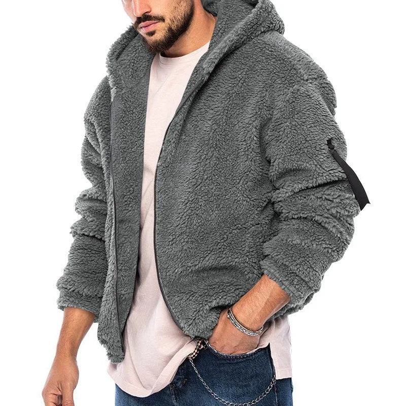 Men's Winter Zipper Fleece Hooded Jacket Vintage Casual Streetwear