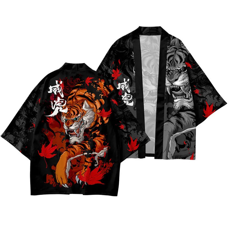 Harajuku Tops Robe Fashion Asian Clothes Anime Demon Print Kimono + Pants Japanese Streetwear Men Women Cardigan Cosplay Haori