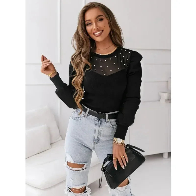 Autumn and Winter S-2XL Fashionable Casual Mesh Bead Splicing Long Sleeved Solid Color Women's Loose Top