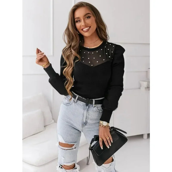 Beaded Mesh Long Sleeve Top